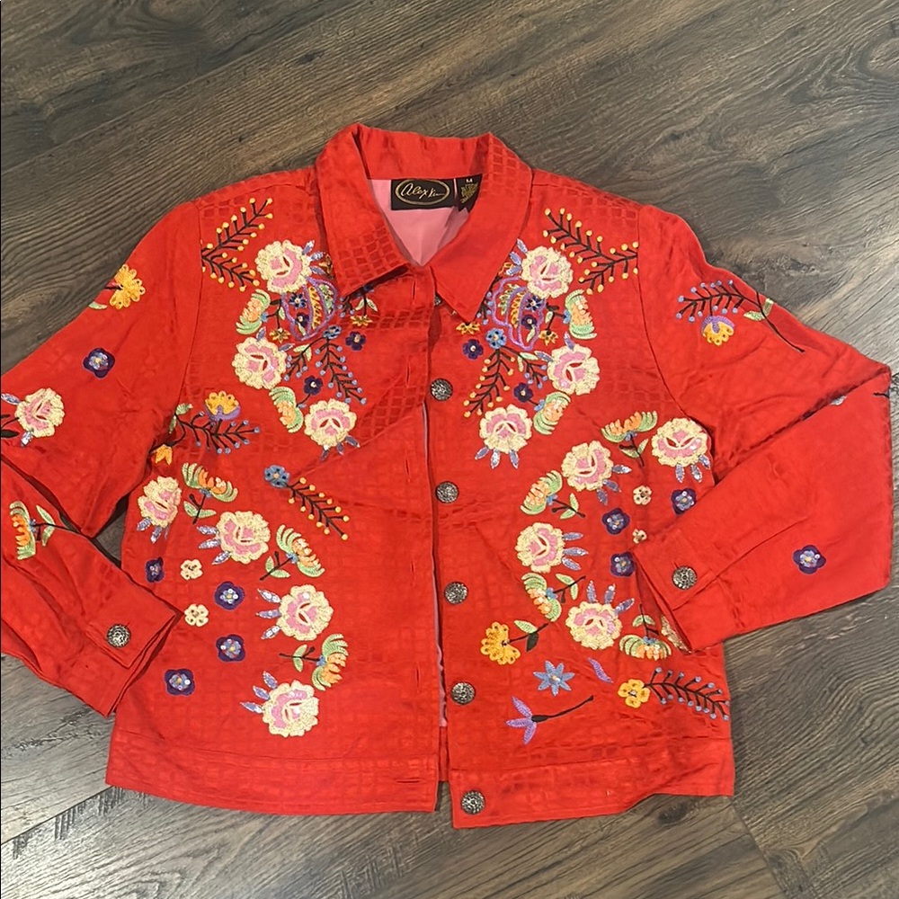 Red Floral embellished jacket Alex Kim M